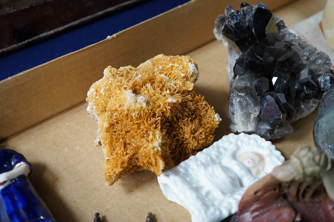 A collection of sundry items to include a carved bust of Nefertiti, crystal specimens, Roman style vase with trailed decoration and a table bell